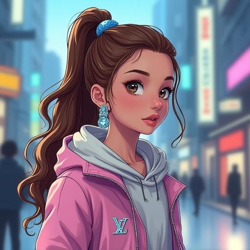 Anime character, futuristic and modern setting, kid with light brown curly ponytail, silver eyes, wearing Louis Vuitton streetwear, adorned with light blue diamond jewelry, shopping in a luxury store, vibrant city atmosphere.