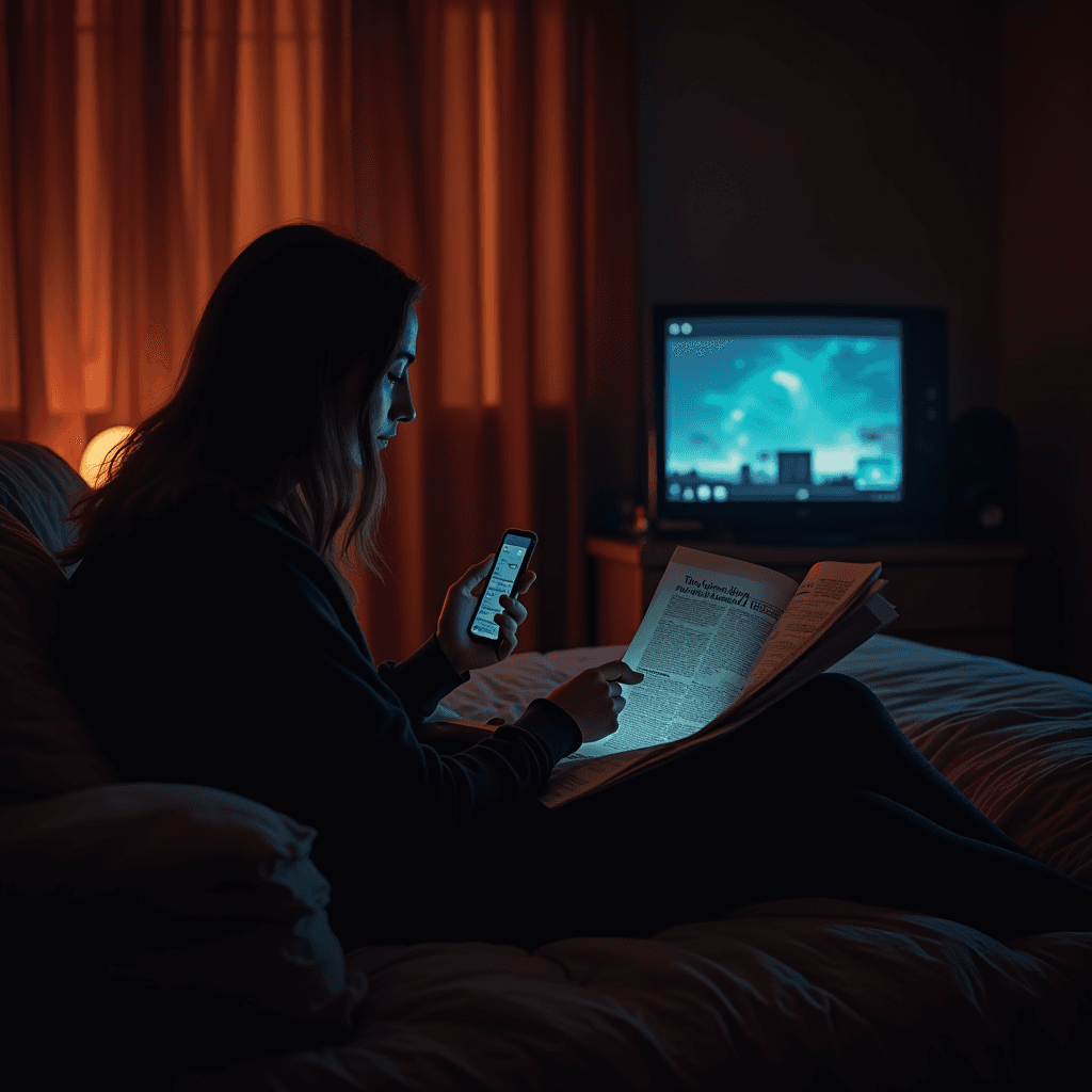 A person sits on their bed, absorbed in reading a newspaper and checking their phone, with a glowing TV in the background.