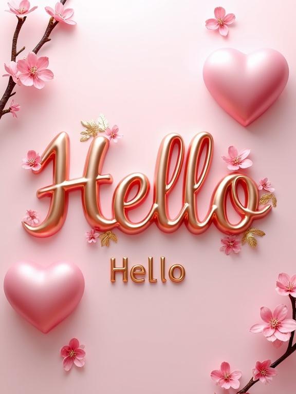 Luxurious 3D render. Central focus is the 3D name 'Hello'. Elegant script font with a subtle 3D effect. Gradient of rose gold and blush pink. Delicate shadows and soft glow. Intertwined with pink cherry blossoms. Gold leaf accents featured. Plush pink hearts on either side. Handwritten letters below the word Hello.