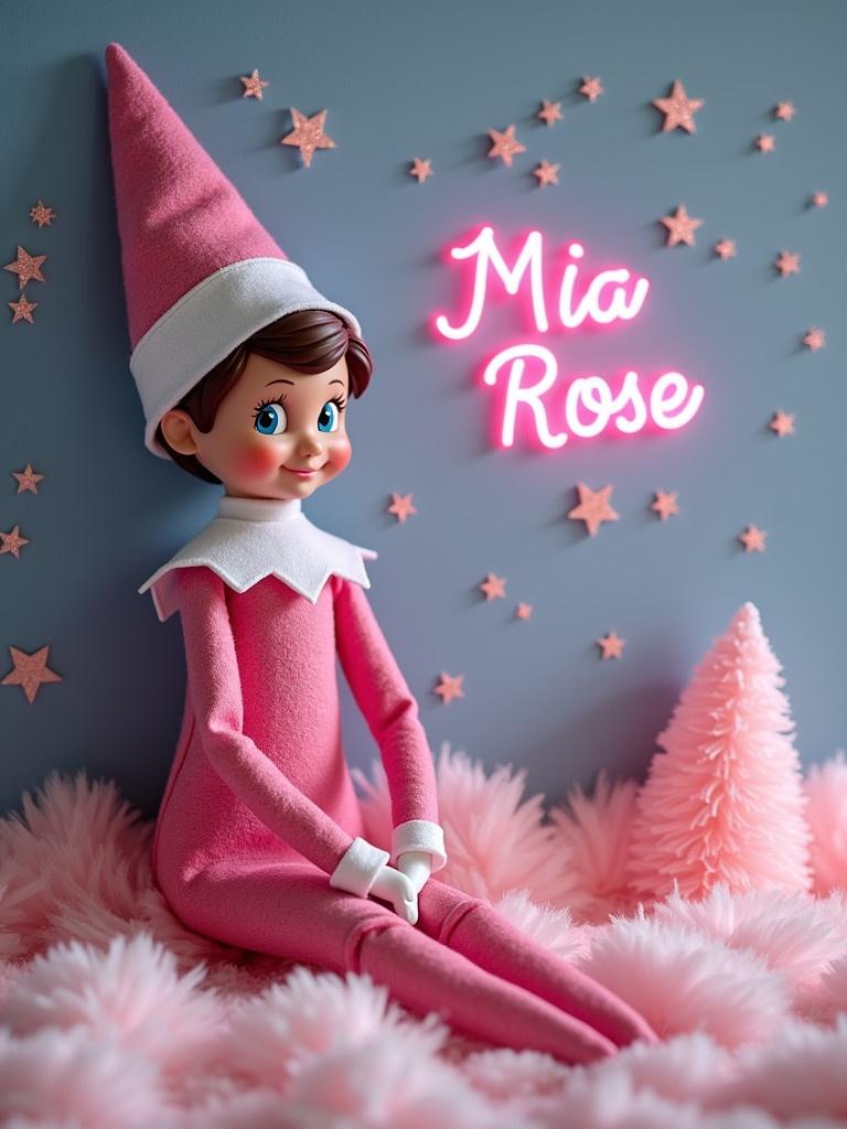 Elf doll in pink dress with name Mia Rose in neon pink. Sparkling stars are in the background. Pink fluffy decor adds to the festive look.