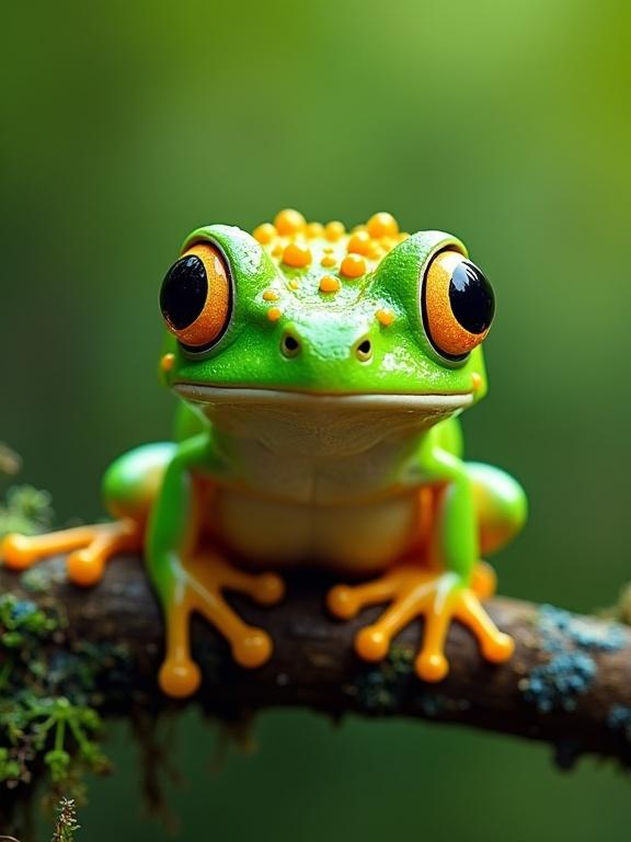 Image of a vibrant green amphibian resting on a mossy branch. The creature has bright yellow bumps on its head, large bulging eyes, and textured skin. The branch is dark brown with lichen and a blurred green background.