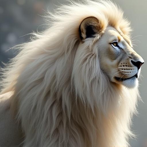 A majestic lion has a flowing, white mane. The lion gazes forward with striking features. The background is softly blurred, emphasizing the lion's presence.