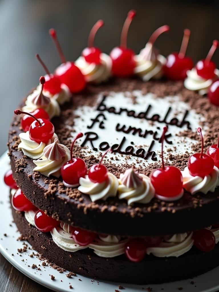 Black Forest cake with decorative elements. Cake has layers filled with chocolate and cream. Top of cake has white frosting with chocolate shavings. 'barakallah fii umrik Rodiah' written in chocolate. Decorated with red cherries on top. Image highlights inviting appearance and textures of frosting and cake layers.