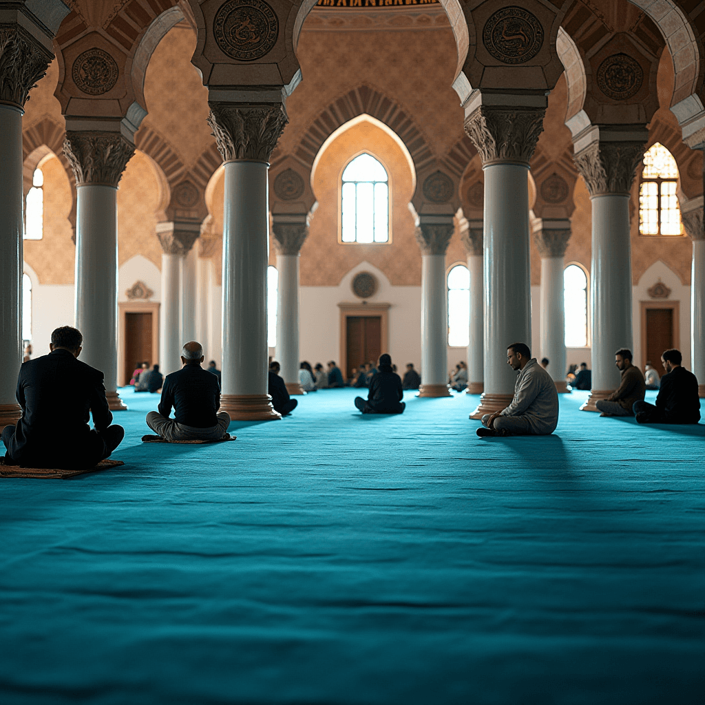 Individuals sit quietly in a spacious, beautifully adorned mosque interior, characterized by ornate arches and columns, and a soft blue carpet.