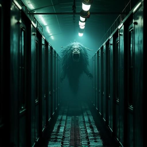 A monster inside a train cart is seen from a view down the train row. The atmosphere is dark and scary, creating a sense of fear. The scene is filled with tension.