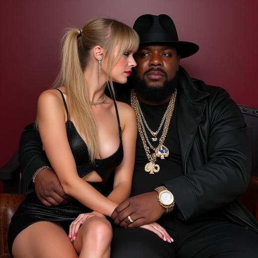 Ambient nightclub scene with two subjects showcasing a bold fashion statement. One subject has long blonde hair and is wearing a very short cutout dress. The other subject is a large rapper adorned with multiple gold chains and a watch. They sit closely together in a warm, softly lit environment.