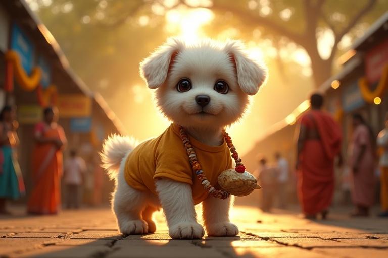 Vibrant scene at an Indian railway station at sunrise. Golden light through banyan trees. Puppy in dirty t-shirt and half pants. Puppy with conch shell and red threads. Chai stalls and colorful signage. Passengers in traditional attire. Low-angle view enriches detail.