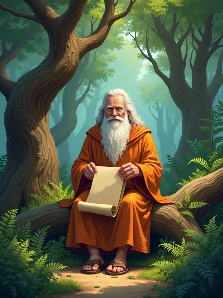 Digital illustration of an old man in an orange robe sitting in a forest. Man holds a scroll while seated on a tree trunk. Surrounding lush greenery creates a peaceful atmosphere. Background features tall trees and ferns.