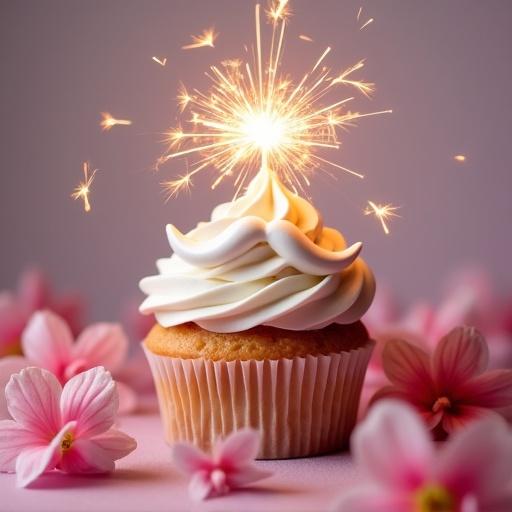Colorful cupcake adorned with white swirl icing topping. Sparkler lit on cupcake's top. Surrounded by soft pink flowers creating celebratory atmosphere. Whimsical and joyful presentation.