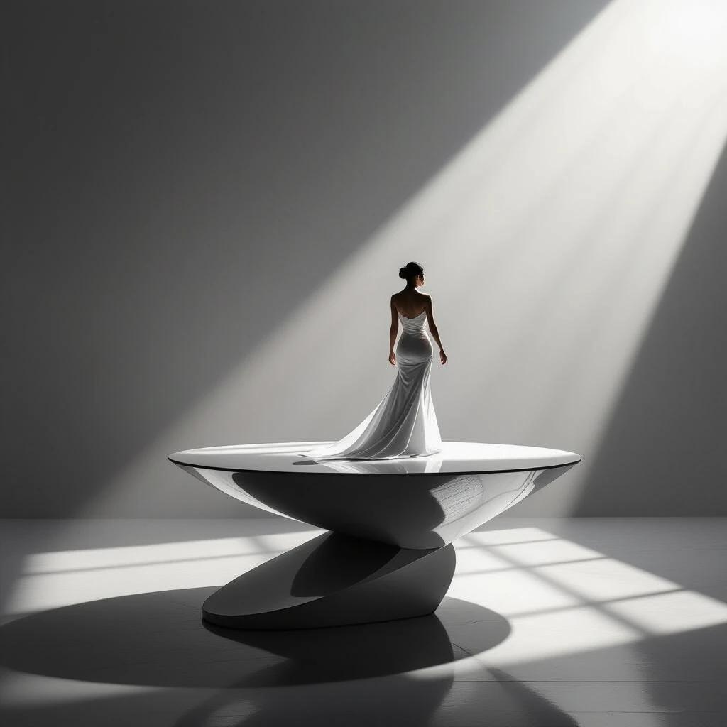 A woman stands gracefully on a sculptural pedestal. White gown flows elegantly around her. The scene uses stark light contrasts showcasing shadows. Light beams create a dramatic atmosphere in a minimalist space.