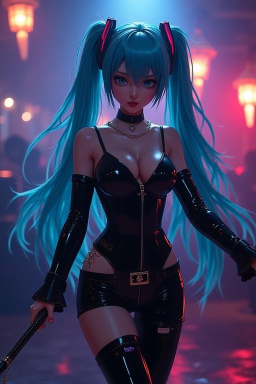 Hatsune Miku wearing a low-cut black leather outfit. She is dancing in a nightclub. She holds a leek in her left hand. Background features colorful lights.