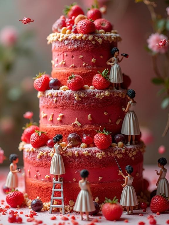 An ultra-realistic scene of a massive red velvet cake richly decorated. The cake is crafted by miniature female cake artists. They wear stylish skirts and use tools and machinery. Some stand on ladders, others operate drones. The atmosphere is vibrant with a huge cake and delicate figures. All tools and drones show subtle brandings that read 'RNTYC'. Lighting emphasizes the realism of textures and features.