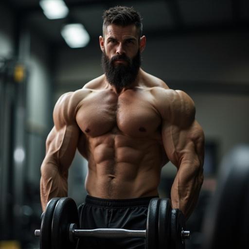 A muscular man lifts a heavy dumbbell with ease. He looks directly at the camera, showcasing his physique. The setting is a gym with a focus on strength and training.