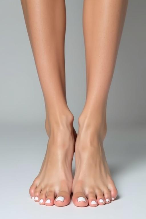 Image of a woman's size nine feet. Thin and slender ankles. French manicure toenails. Pale skin tone. Long, graceful legs with arched feet.