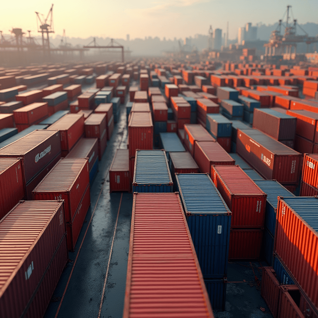 This image depicts a bustling container port at sunset, filled with rows of shipping containers in various shades of red and blue. The layout of the containers creates a pattern of orderly lines, leading the viewer's eye through the scene. In the background, cranes are visible silhouetted against the sky, adding an industrial feel to the setting. The lighting gives a warm, golden hue to the scene, softening the overall industrial atmosphere. The port stretches into the distance, indicating a vast, busy shipping operation. The image captures the essence of global trade and logistics.