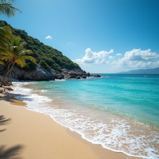 Tropical beach scene taken from a low angle. Features clear turquoise water and gentle waves lapping against sandy shores. Lush green vegetation in the background. Bright sunny day with few clouds in the sky.