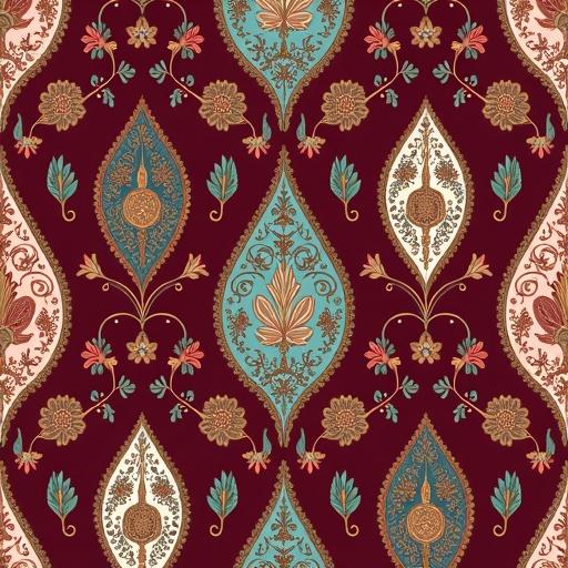 Seamless repeating paisley textile inspired by heirloom Indian shawls. Features classic tear-drop boteh forms with concentric ornamentation. Includes arabesque vines, lotus buds, and Mughal leaves. Hand-engraved look with fine outlines and shading to mimic embroidery. Deep oxblood ground with metallic gold accents. Tonal gradients and subtle textures added.