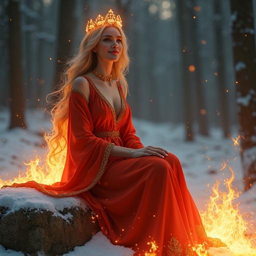 Mature female fire spirit sits on a snow-covered rock in a mystical forest. She has a slender figure and noble pose. Flowing robe of platinum and deep crimson. Edges of robe glow like flame. One shoulder exposed; asymmetric fabric trailing behind. Clothing dissolves into fire. Golden amber hair flows like fire. Delicate tiara shaped like ancient hearth. Jewelry inspired by lanterns adorns her. Living flame aura surrounds her. Small flame-like wisps float around her. Scene set in deep forest. Light shifts during dawn twilight or moonlight.