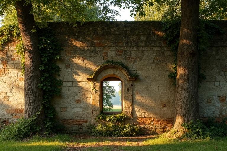 Ruined wall features a small glassless medieval window Large box trees stand on either side of the wall Vines and moss cover the wall creating an overgrown look Evening sunlight casts golden rays illuminating the wall and tree tops Sparse ground vegetation is visible with sunlight touching a few spots