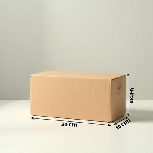 A rectangular cardboard box on a light surface. Dimensions labeled are 30 cm length, 4 cm width, 1.5 cm height. Box shown in perspective view with soft lighting and realistic shadows. The style is photo-realistic with sharp lines and neutral colors.