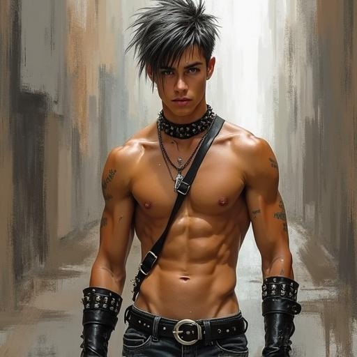 Portrait of a young adult male in punk style. Subject has light tan skin and visible muscle definition. Hair is short and spiky with gray tips. Serious expression with downturned lips. Wears a studded choker and leather armbands. Dark-wash denim jeans visible. Confident body language with noticeable nipple piercings. Painting-like quality with brushstrokes in warm browns and grays. Complex cityscape backdrop. Dramatic lighting enhances mood. Frontal composition.