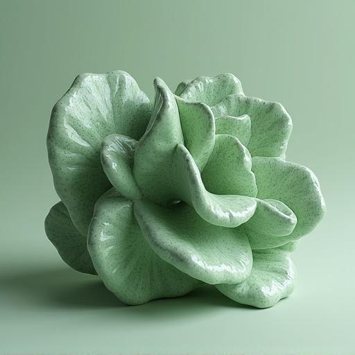 An object in 3D is a detailed mathematical fractal. The object has a matte light green color and a speckled glazed clay material. The lighting is soft and the object is set on the floor.