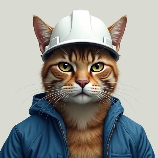 Semi-realistic cat wearing a white hard hat and blue work jacket. Serious expression with neutral mouth and narrowed eyes. Focused gaze and relaxed ears.