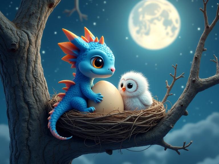 A blue dragon hatches from its egg. The dragon sits in a nest with snowy owl chicks. Snowy owls look at the dragon in amazement. The background shows a starry night and a full moon. The nest is in a fork of an old tree. Whimsical fantasy style and creative design.