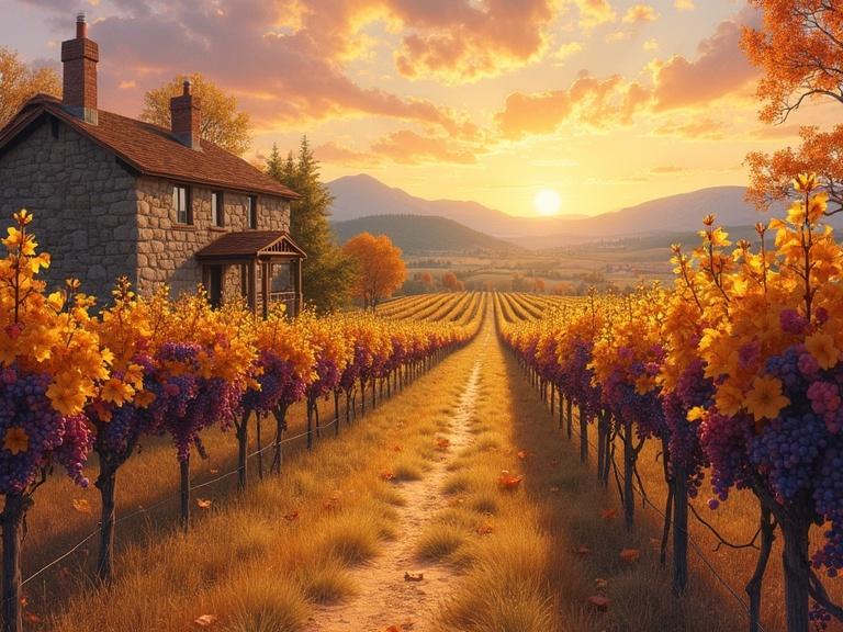 Watercolor of a vineyard in autumn with golden hues. Rows of grapes glow beside a stone cottage. A sunset creates a warm atmosphere. Influence of Disney art style evident.