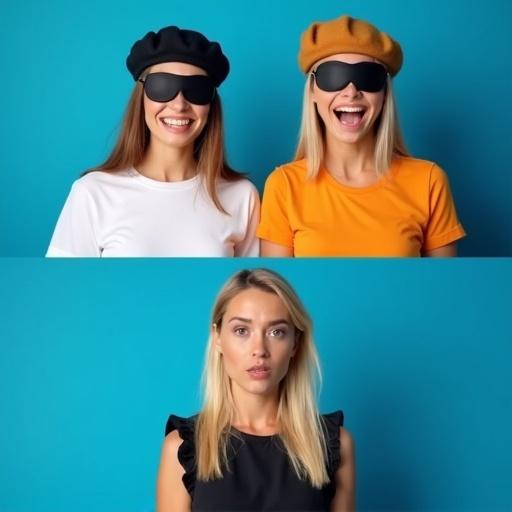 Two women, one in a white T-shirt and the other in an orange T-shirt, both wearing berets and dark sunglasses. They smile excitedly. Below, a concerned blonde woman in a black dress. Solid blue background.