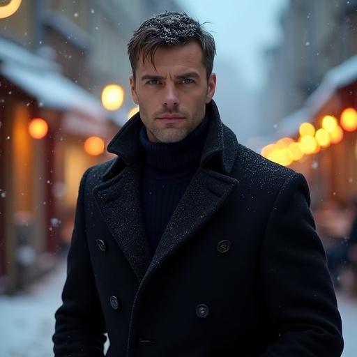 Sharp-looking man in black coat on snowy street. Warm café lights surround. Eastern European descent. Chiseled jaw and deep blue eyes. Salt-and-pepper hair. Standing confidently.