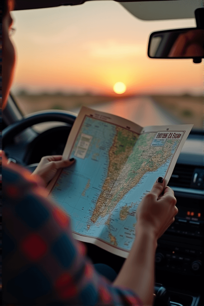 A person in a car studies a map of South America at sunset, heading down an open road.