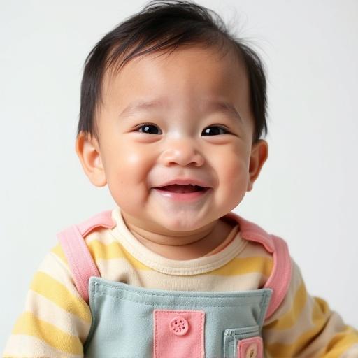 A cute Asian baby wears colorful classic European-style baby clothes. Close-up view shows head, neck, shoulders, chest, and belly. Baby looks straight at the camera with a gentle smile. Soft natural lighting with no shadows. Bright plain background.