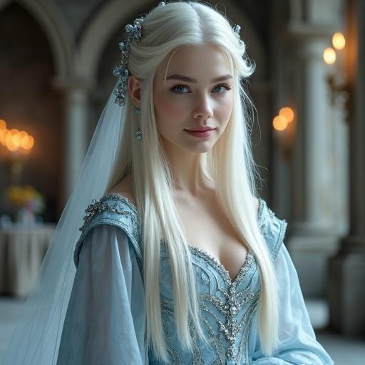 A masterpiece captures an elegant adult woman around 25 years old. The woman has long straight platinum blonde hair with a silvery shimmer and silky texture. A delicate icy crystal hair ornament adorns her hair. The setting is a candlelit grand dining hall. The woman wears a fantasy aristocratic gown made of translucent icy fabrics with silver embroidery. The gown features tasteful artistic slits for fluid motion and visual lightness. She has a calm and gentle maternal smile with pale porcelain-smooth skin and soft rounded facial contours. The artwork reflects a semi-realistic style with artistic composition and a soft magical ambiance. The atmosphere is cool and ethereal.