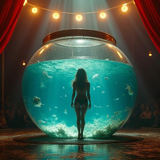 A circus tent with a large fish bowl in the center. A woman performs inside the tank. Bright lights shine on the scene. An audience watches the performance closely.