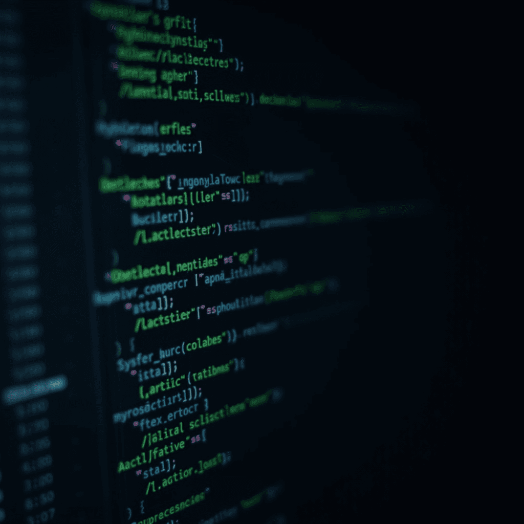Close-up view of blurred computer code against a dark background, evoking a sense of digital depth.