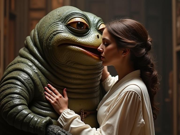 Jabba the Hutt kissing Princess Leia in a dark love scenario. A large green creature with humanoid features engages in a tender moment with a woman.
