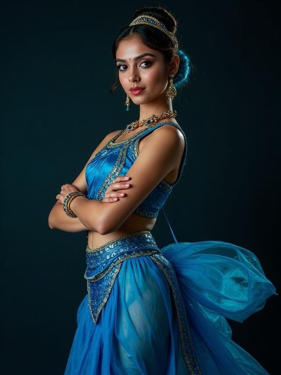 Ultra high-resolution full-body portrait of a young Indian dancer. Dancer wears vibrant peacock blue-magenta costume. Skin glistens with reflective sweat. Confident pose with seductive expression. Dramatic lighting enhances colors. Composition captures classical dance energy. Blends grace and strength.