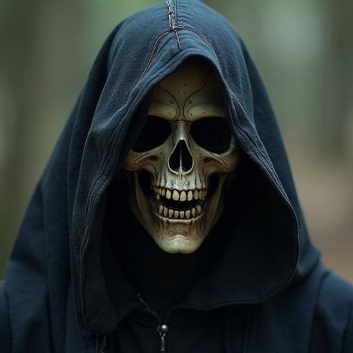 Close up of a grim reaper figure wearing a black hoodie. The figure has a realistic skull face and stands in a forest setting. The image captures an eerie and mysterious atmosphere.