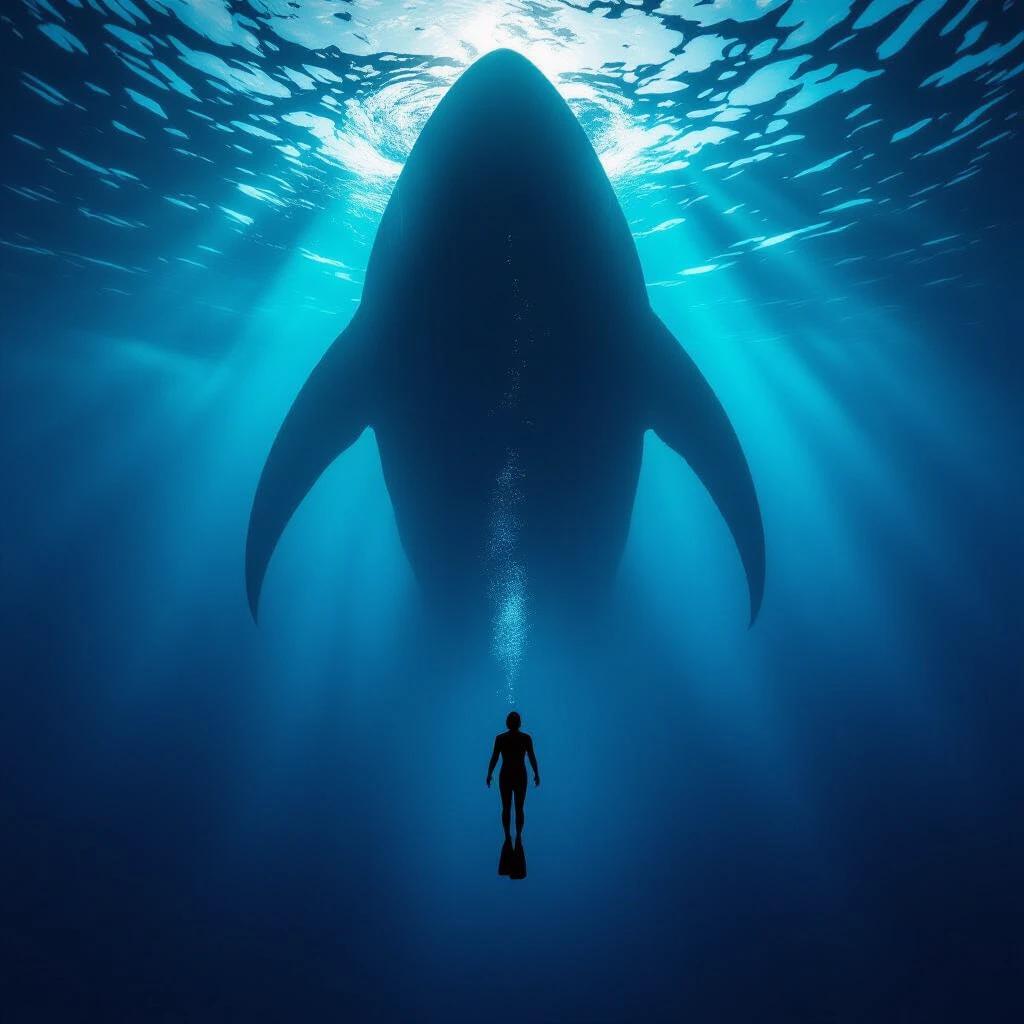 Hyper-realistic underwater scene showing a swimmer in a vast ocean. A gigantic silhouette of a sea creature lurks below. The atmosphere is cold and ominous. Natural light filters from the surface. The swimmer appears small and fragile against the massive creature. High detail and cinematic quality.