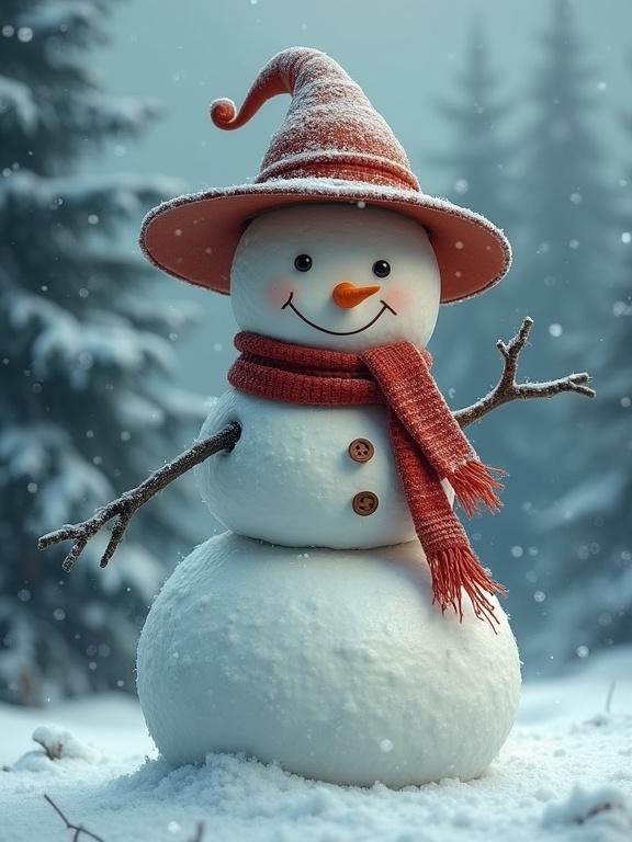 A snowman stands in a snowy landscape. It wears a stylish hat and a long scarf. The snowman has button eyes, a cheerful smile, and twig-like arms. Snow covers the ground, and pine trees are in the background. The atmosphere feels frosty and enchanting.