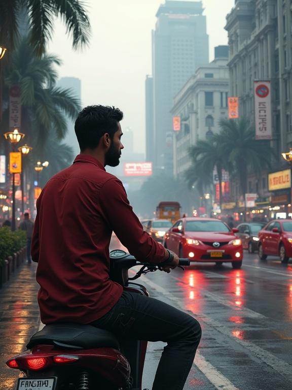 Image of a man seated on a motorcycle in a rainy Mumbai street scene. High-rise buildings loom in the background and red cars circulate nearby. The atmosphere is urban and lively, filled with reflections from neon signs.