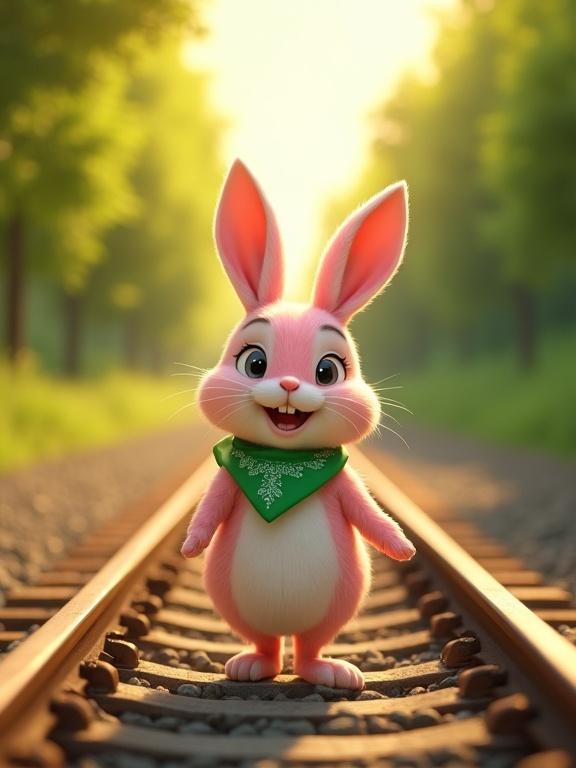 A cartoon-style pink and white rabbit is confidently walking along train tracks. The rabbit is wearing a bright green bandana. Lush green trees flank both sides of the tracks. The sun casts warm golden light across the scene, creating a cheerful atmosphere. The perspective is slightly low, focusing attention on the rabbit. The background is softly blurred. The image has a whimsical feel with vibrant colors.