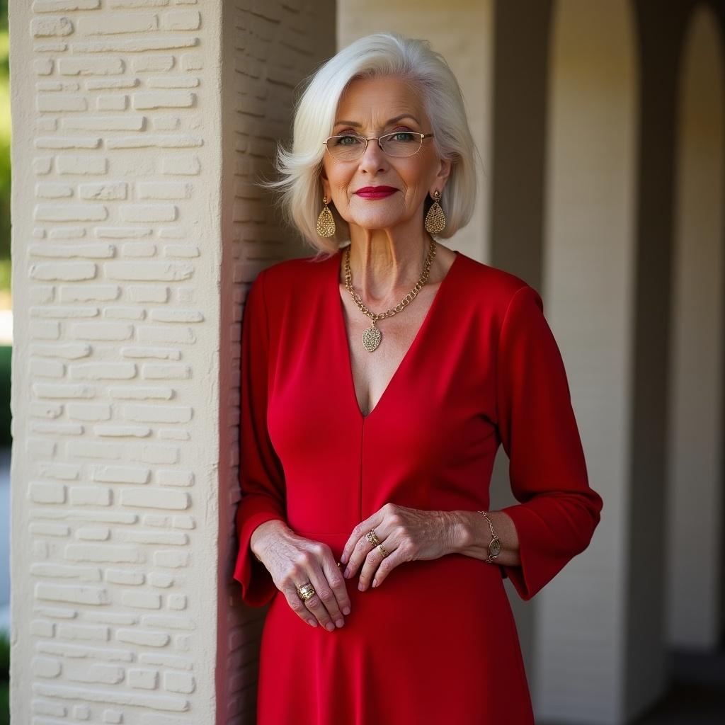 Stylish and elegant 70 year old woman in a red dress posing against a textured wall showcasing fashion and sophistication.