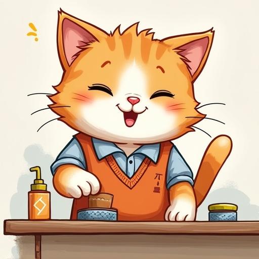 A cheerful kitty in a retail vest arranges merchandise on a shelf with a determined yet happy expression. Hand-drawn art style features an adorable cat character.