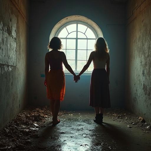 Hyperrealistic photography showcasing two women holding hands in a coal mine setting. Natural light creates an enchanting atmosphere. Metallic fabrics and op-art reference points in fashion. Incorporation of raw materials enhances the theme.