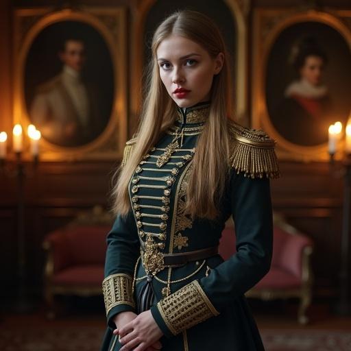 A young woman in a detailed Prussian Hussar uniform stands in a dimly lit room. The setting features fine carpets and portraits, all illuminated by candlelight. She has long blonde hair and blue eyes. Her outfit is intricate and forms a full-body cover, emphasizing her figure. The style resembles high quality photography for realism.