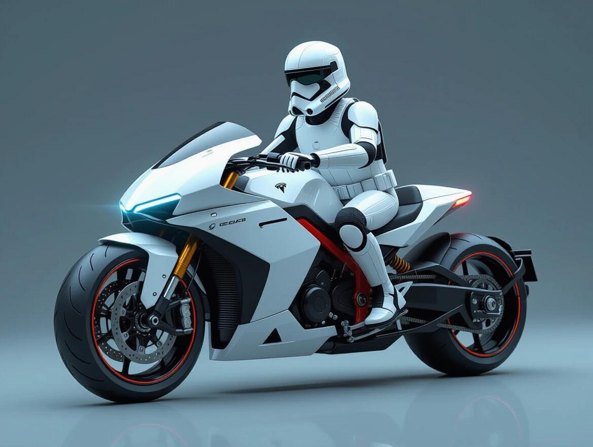 Realistic clonetrooper wearing sunglasses is riding a futuristic motorcycle. The motorcycle features large wheels in a big design. The background is a dark gray that enhances the motorcycle's appearance.