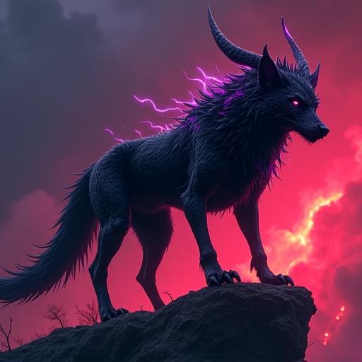Legendary dark elemental beast. Inspired by anime villain energy. Glowing crimson eyes. Shadowy fur with streaks of violet energy. Powerful aura distorting air. Resembles wolf-dragon hybrid. Sharp black metallic claws. Long spiked tail. Crown-like bone structure on head. Proud and dangerous posture. Standing on volcanic cliff at night. Dark background with eerie red glow.