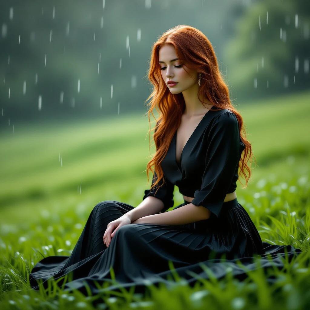 A young woman with long red hair sits on green grass in the rain. She wears a black cropped blouse and a flowing skirt. Her expression shows introspection. The background is lush and blurred. Raindrops fall softly around her. The lighting is soft and captures balance.
